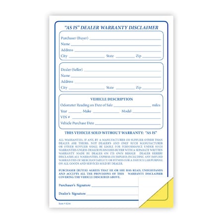 Asp "As Is" DealerWarrantyDisclaimer, 5 1/2" X 8 1/2"- 2 Part, 100 Per Pk Pk 8246